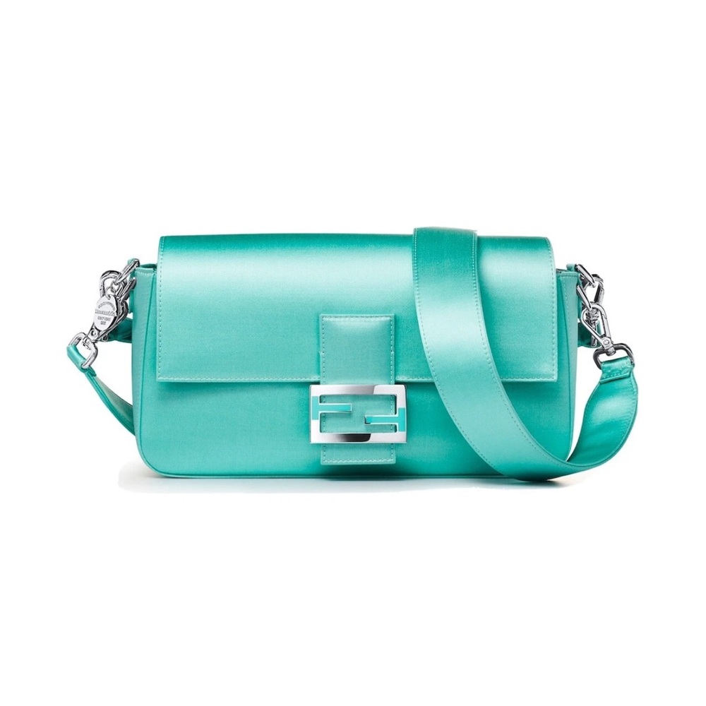 Fendi × Tiffany Satin Baguette 2Way Shoulder Handbag in Tiffany Blue Color w Box